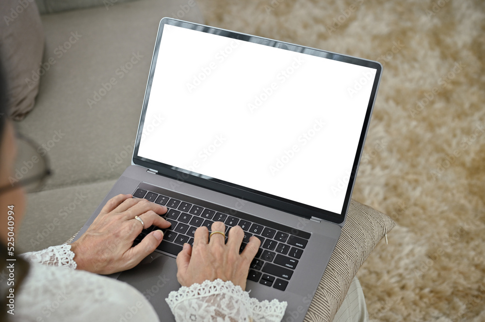 Fototapeta premium Above view, A female relaxes using a notebook laptop in her living room. laptop mockup
