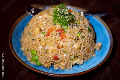 Foto Rice with seafood served in a luxury restaurant in Charlotte NC in a skyscraper on the 22nd floor
