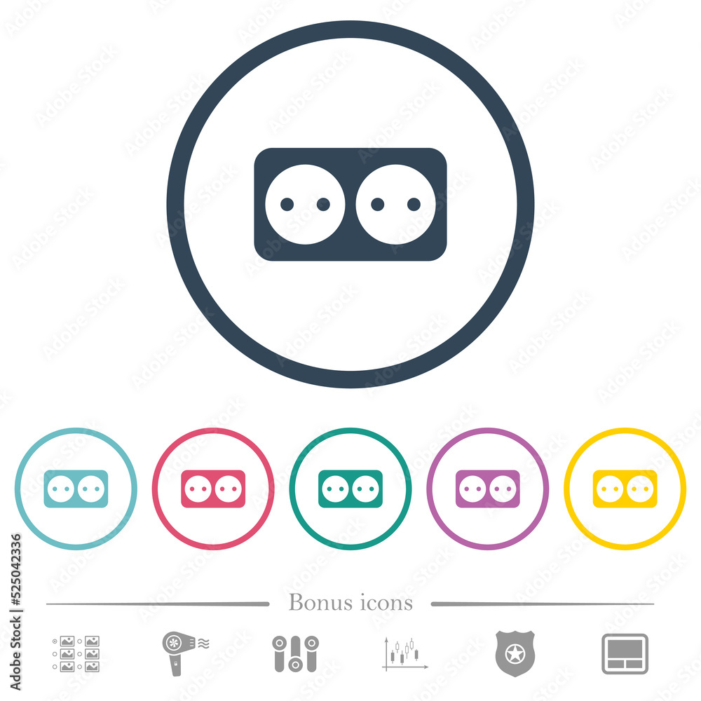 Electrical outlet with two sockets solid flat color icons in round outlines