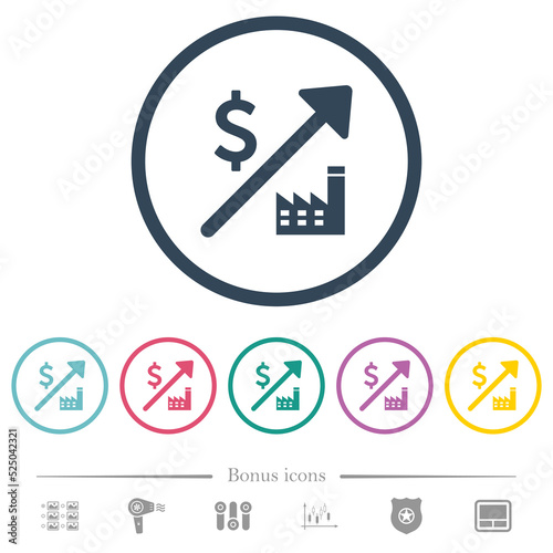 Rising power plant dollar prices flat color icons in round outlines