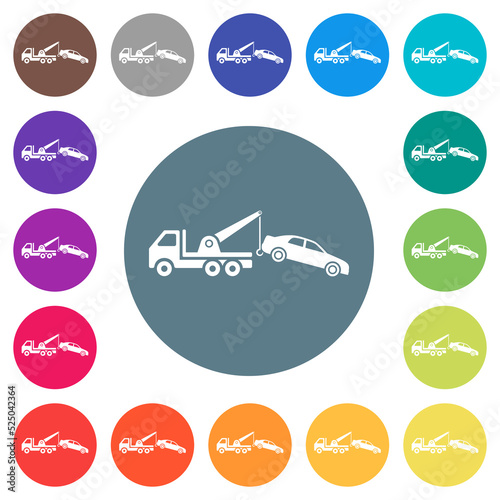 Car towing flat white icons on round color backgrounds