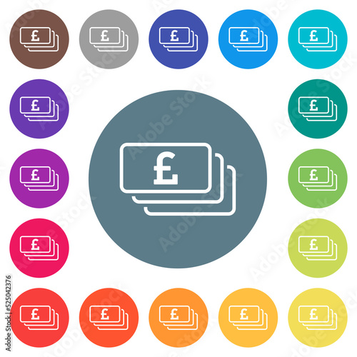 English Pound banknotes outline flat white icons on round color backgrounds