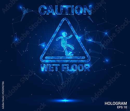 The hologram is a wet floor sign. A wet floor sign made of polygons, triangles of dots and lines. Wet floor sign icon low polygonal connection structure. Technology concept vector.