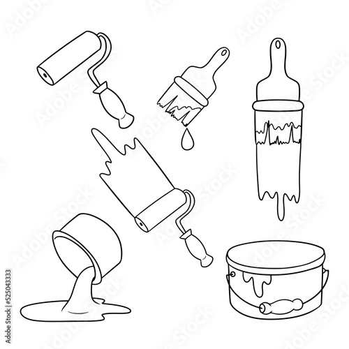 Monochrome set of icons, large cans of paint, brushes and paint rollers, vector cartoon