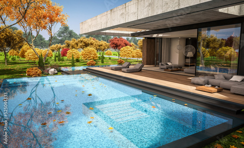 3d rendering of new concrete house in modern style with pool and parking for sale or rent and beautiful landscaping on background. The house has only one floor Clear sunny autumn day with golden leavs © korisbo