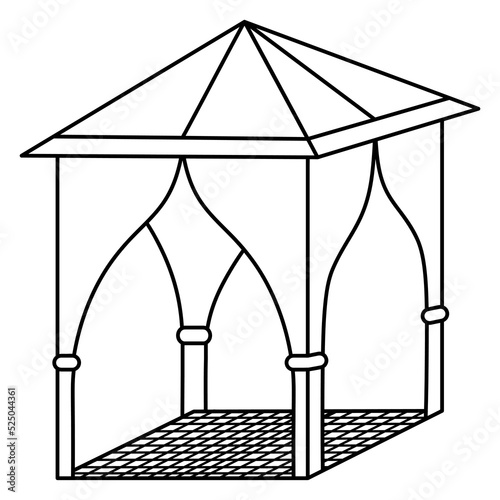 Gazebo for outdoor recreation. Sketch. Tent with roof and curtains. Vector illustration. Outline on isolated background. Coloring. Doodle style. Idea for web design.