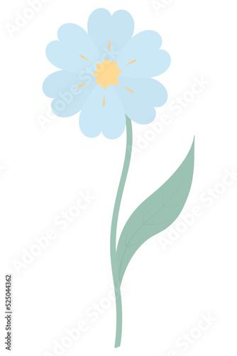Flower. Blossoming bud with a yellow core. Flowering plant with blue petals. Color vector illustration. Green leaf on the stem. Isolated background. Flat style. Idea for web design, invitations