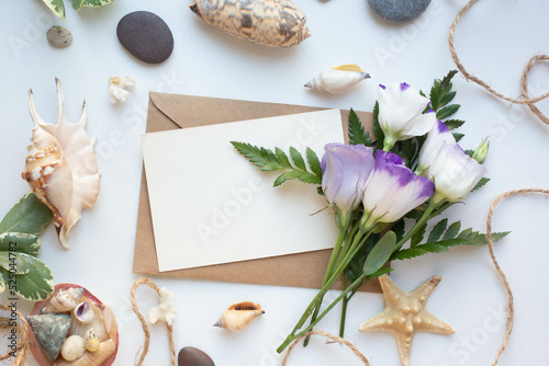 Wallpaper Mural card mockup with shells and sea star leaves and eustoma
 Torontodigital.ca