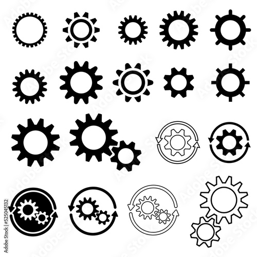 Set of update system icons with gears, loading or updating files, install new software, operating system, update support, setting options, maintenance, adjusting app process, service concept