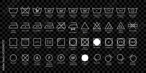 White Laundry symbols with names expand paths on transparent background. Vector