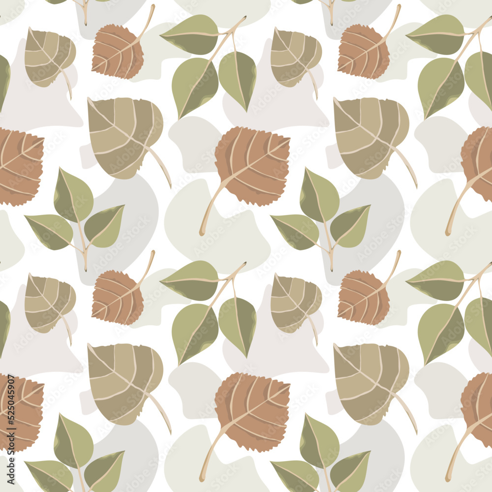 Fall vector background. Brown and green colors. Autumn leaves seamless pattern.