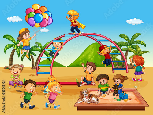 Beach playground with happy children