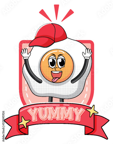Fried egg cartoon character with yummy badge