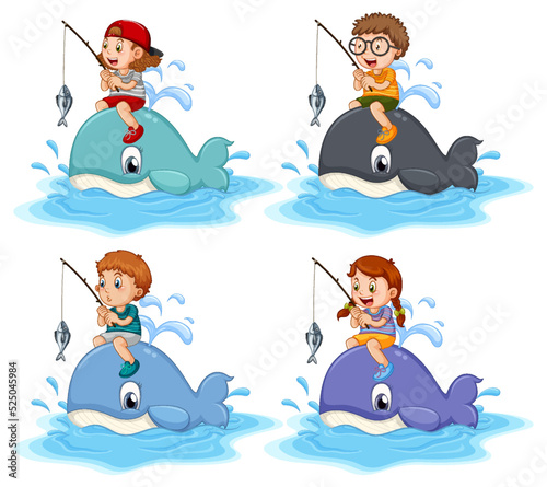 Different kids riding on whales