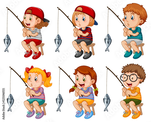Set of happy kid fishing