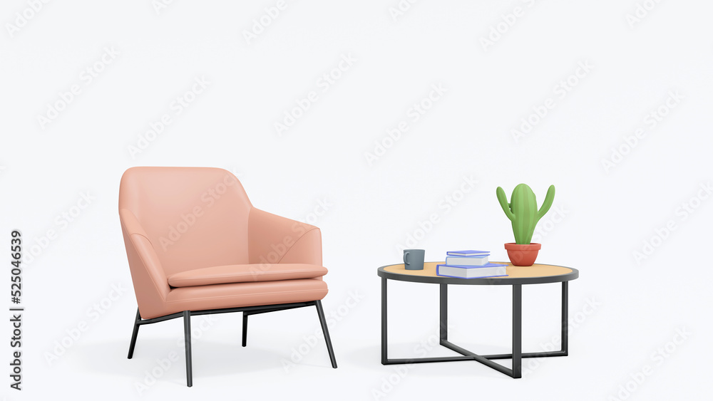 Concept work office minimalist 3D illustration of cartoon empty office workplace. Cozy interior with retro armchair, modern coffee table, mug, stack of books and plant. 3d rendering white background Concept work office minimalist 3D illustration of cartoon empty office workplace. Cozy interior with retro armchair, modern coffee table, mug, stack of books and plant. 3d rendering white background