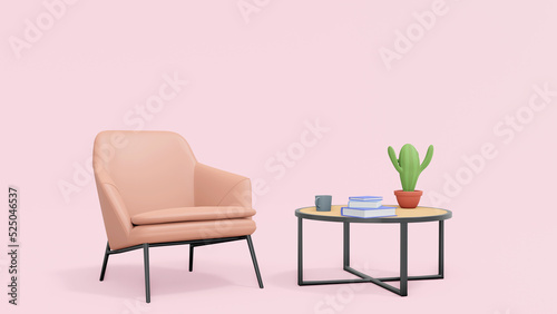 Concept work office minimalist 3D illustration of cartoon empty office workplace. Cozy interior with retro armchair, modern coffee table, mug, stack of books and plant. 3d rendering orange background
