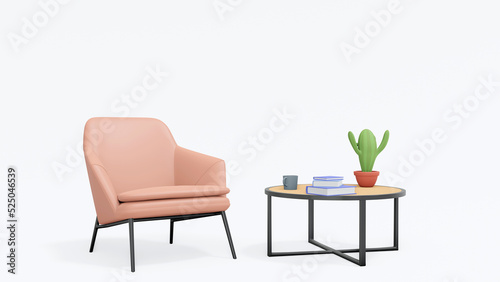Concept work office minimalist 3D illustration of cartoon empty office workplace. Cozy interior with retro armchair, modern coffee table, mug, stack of books and plant. 3d rendering white background