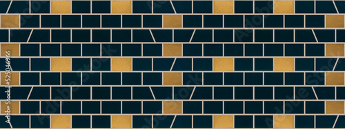 Abstract blue yellow brick tiles wall texture wide background banner panorama...