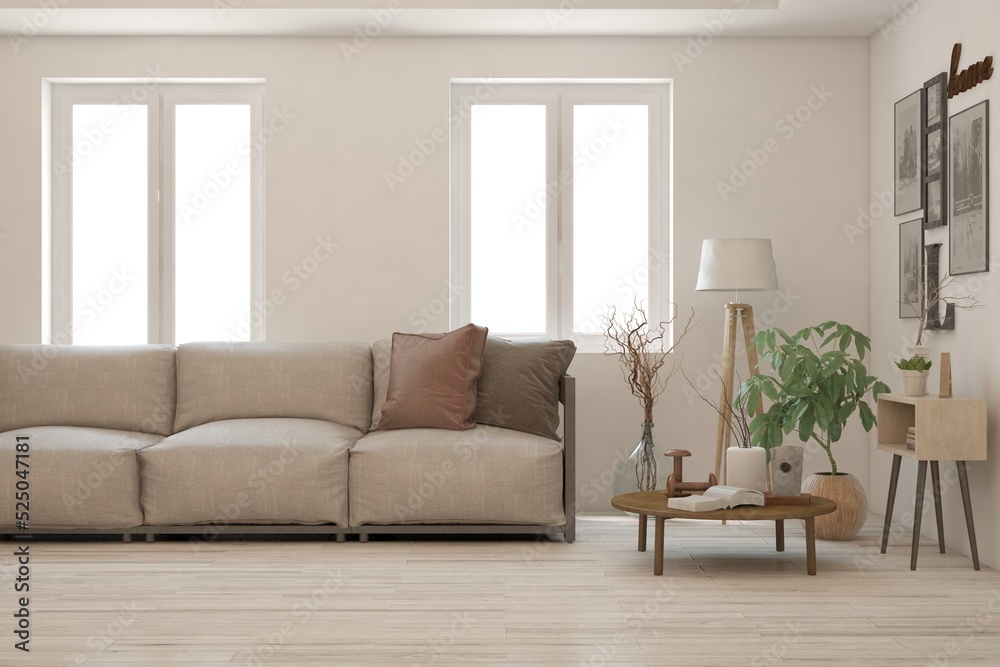 White living room with sofa. Scandinavian interior design. 3D illustration White living room with sofa. Scandinavian interior design. 3D illustration