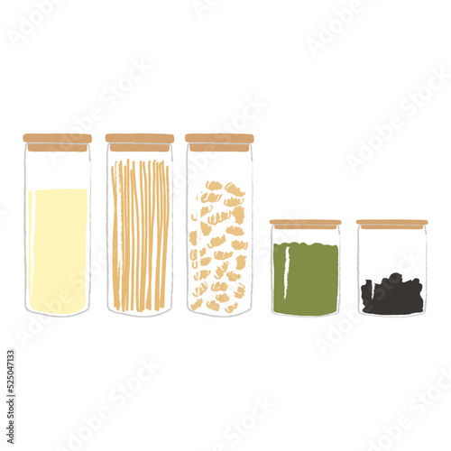 Kitchen glass containers for food storage with pasta, flour, coffee beans, peas and hot peppers. Closed plastic transparent boxes for dry bulk products. A set of vector colorful flat illustrations