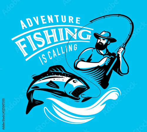 Fisherman catches fish with rod. Fishing emblem, label and design element. Outdoor activities vector illustration