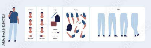 Character diy kit. Vector flat design people illustration. Man constructor element set. Fat african male office or student avatar with various emotion, hair, skin tone, beard, glasses, hands and legs