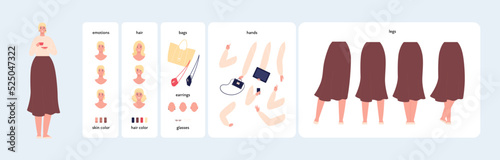 Character diy kit. Vector flat design people illustration. Woman constructor element set. Body positive female avatar with various emotion, hair, skin, bag, earnings, glasses, hands and leg in skirt