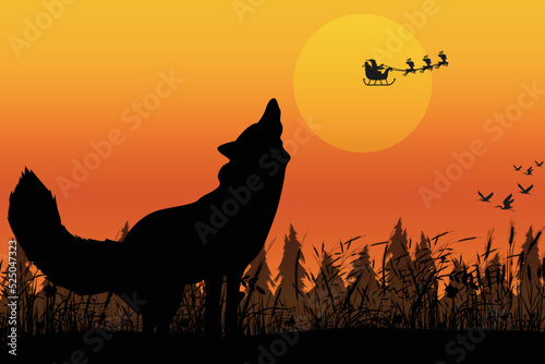 cute wolf and sunset silhouette graphic