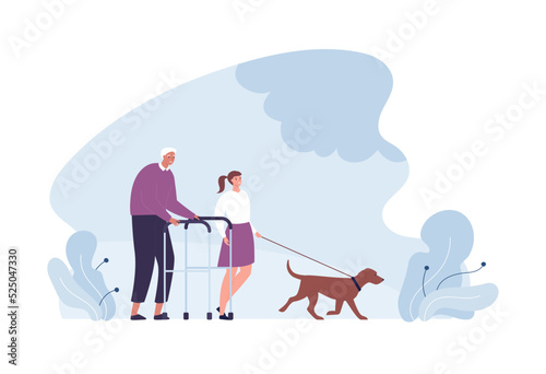 Healthcare volunteering and caregiving concept. Vector flat design people illustration. Volunteer girl help elder man with walker go for walk with dog. Design for social care service.