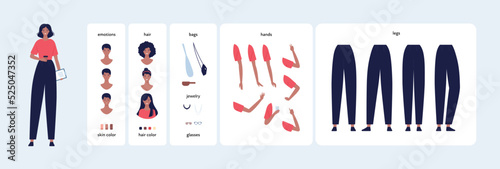 Character diy kit. Vector flat design people illustration. Woman constructor element set. Young female office or student avatar with various emotion, hair, skin, bag, jewelry, hands and legs