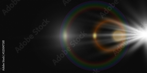 The effect of the sun, light through the lens, glare on a transparent background