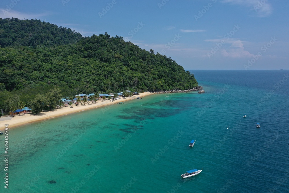 Tioman tropical island drone photo with beautiful blue sea and sky. South China sea. Southeast Asia