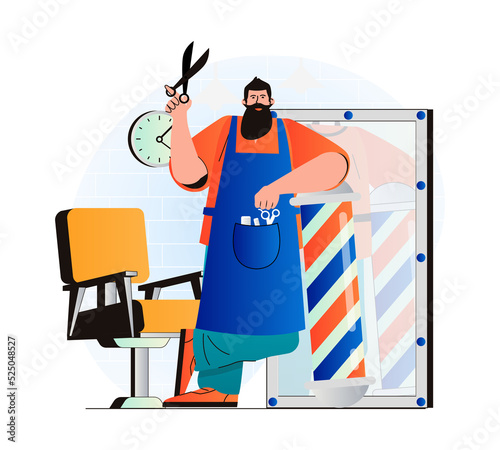 Barbershop concept in modern flat design. Professional hairdresser or barber hold scissors and wait for clients. Hair care procedures, fashionable haircut and hairstyle in salon. Web illustration