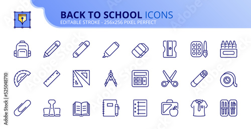 Simple set of outline icons about back to school
