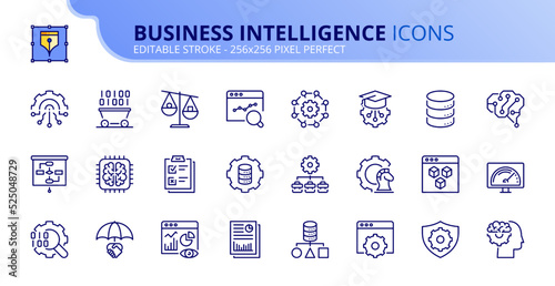 Simple set of outline icons about business intelligence