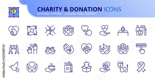 Simple set of outline icons about  charity and donation.