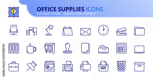 Simple set of outline icons about office supplies