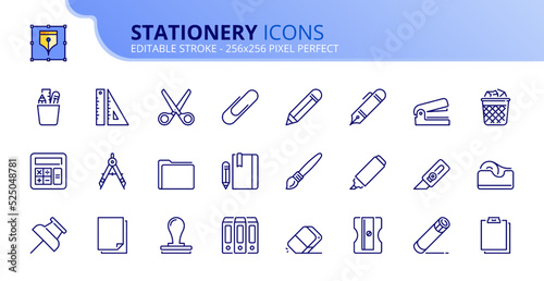 Simple set of outline icons about stationery