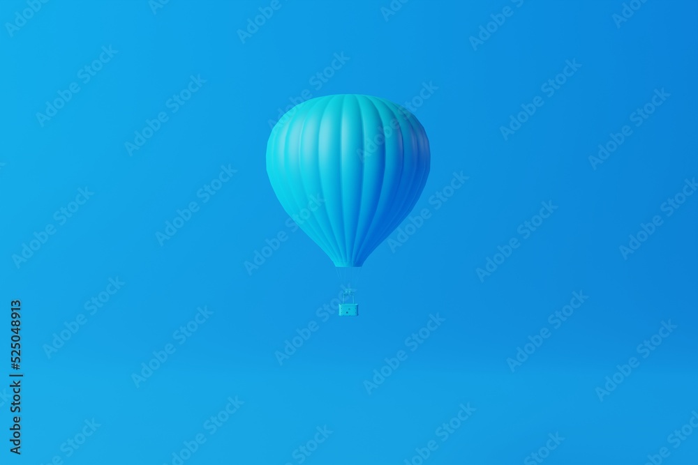 Obraz premium Blue air balloon on a blue background. Air balloon flying concept, attraction. Reaching for the sky. 3d rendering, 3d illustration.