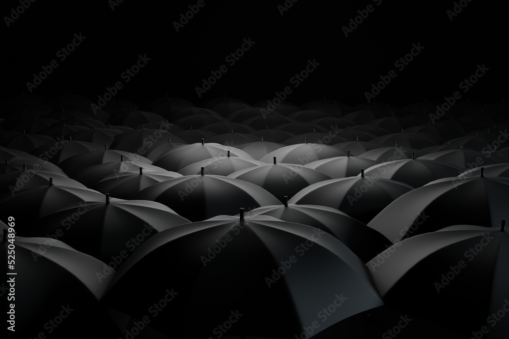 Obraz premium Lots of black umbrellas. The concept of differentiation, individuals. 3d rendering, 3d illustration.