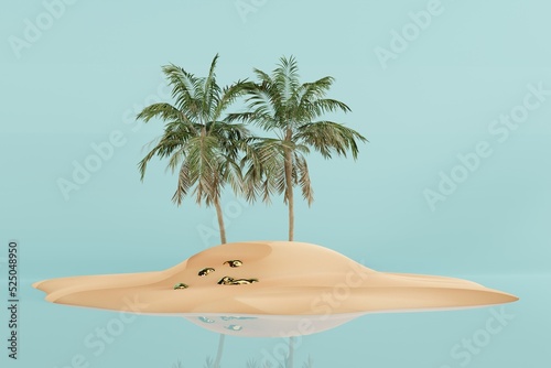 A deserted island with a treasure, gold. Concept of searching for adventure, treasures. 3d render, 3d illustration.