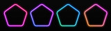 Gradient neon pentagon frames set. Glowing borders isolated on a dark background. Colorful night banner, vector light effect. Bright illuminated shape.