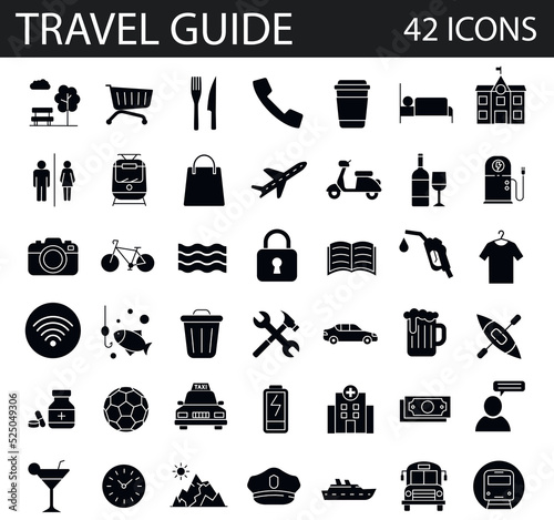 36 icons related  to travelling, travel guide, recreation, navigation and searching placecs in the city. Tourism filled icon set