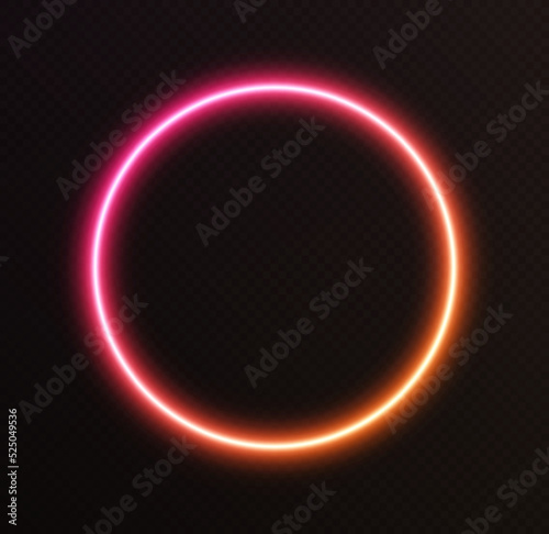 Gradient neon circle, pink-orange glowing border isolated on a dark background. Colorful night banner, vector light effect. Bright illuminated shape.