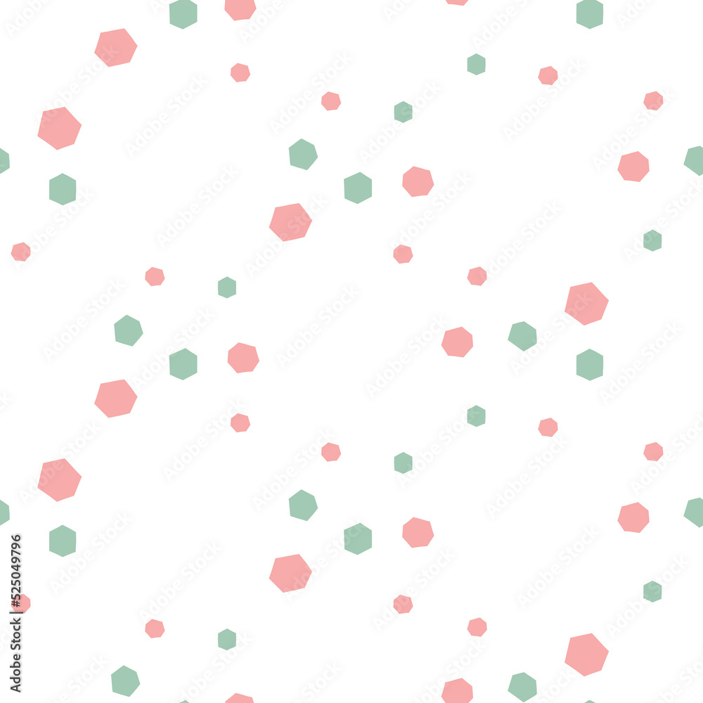 Hand drawn seamless vector pattern with pink and green glitter on white background. Cute vintage design for wrapping paper, textile, print, apparel, fabric, wallpaper, card, gift, packaging.