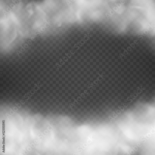 Fog or smoke isolated transparent special effect. Steam texture illustration. White vector cloudiness.