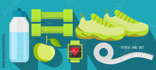 Fitness equipment isolated on blue background. Water bottle, measuring tape, gadget, apple, sneakers, dumbbells. Fitness accessories. Vector illustration. Equipment, workout, training, fitness.