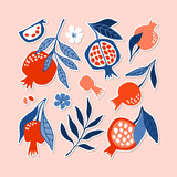 Set of vector stickers of juicy pomegranates.