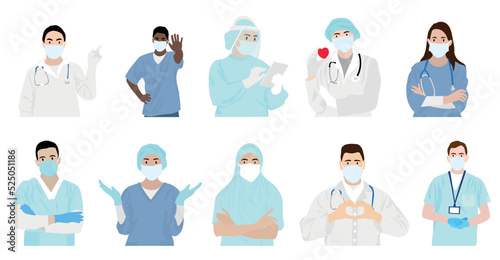 Set of doctors wearing medical masks on white background
